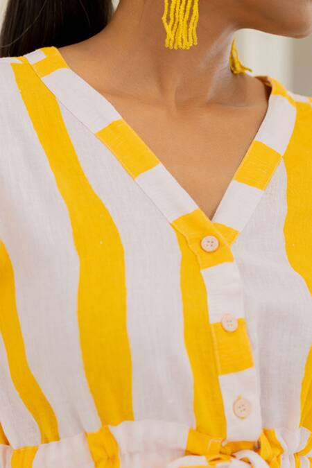 Buy Silai Studio Yellow Linen, Viscose V-neck Lemonberry Drawcord Dress Online at Aza Fashions Buy_Silai Studio_Yellow Linen, Viscose V-neck Lemonberry Drawcord Dress _Online_at_Aza_Fashions