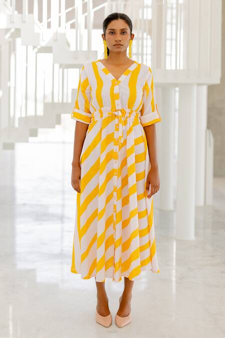 Shop Silai Studio Yellow Linen, Viscose V-neck Lemonberry Drawcord Dress Online at Aza Fashions Shop_Silai Studio_Yellow Linen, Viscose V-neck Lemonberry Drawcord Dress _Online_at_Aza_Fashions