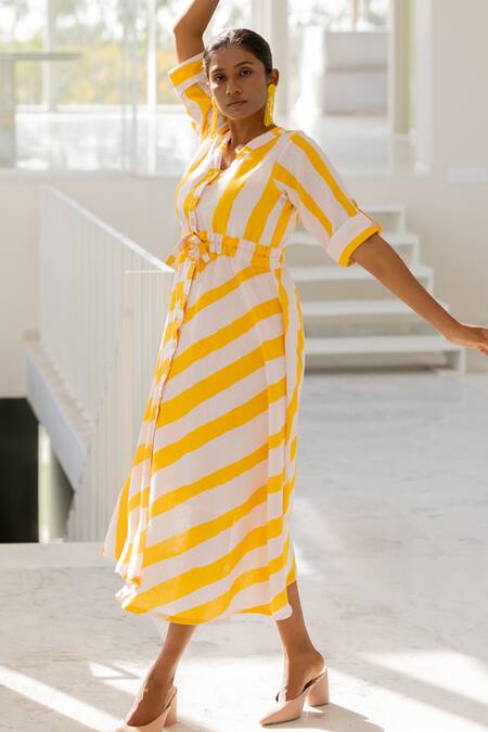 Silai Studio Yellow Linen, Viscose V-neck Lemonberry Drawcord Dress at Aza Fashions Silai Studio_Yellow Linen, Viscose V-neck Lemonberry Drawcord Dress _at_Aza_Fashions