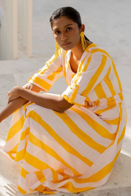 Shop Silai Studio Yellow Linen, Viscose V-neck Lemonberry Drawcord Dress Shop_Silai Studio_Yellow Linen, Viscose V-neck Lemonberry Drawcord Dress