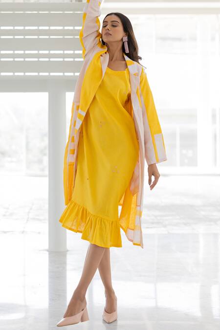 Silai Studio Yellow Linen, Viscose Embroidery Open Neck, Lemons And Candies Jacket & Dress Set Online at Aza Fashions Silai Studio_Yellow Linen, Viscose Embroidery Open Neck, Lemons And Candies Jacket & Dress Set _Online_at_Aza_Fashions