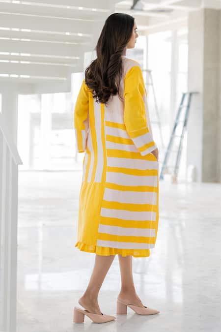 Shop Silai Studio Yellow Linen, Viscose Embroidery Open Neck, Lemons And Candies Jacket & Dress Set at Aza Fashions Shop_Silai Studio_Yellow Linen, Viscose Embroidery Open Neck, Lemons And Candies Jacket & Dress Set _at_Aza_Fashions