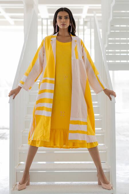 Buy Silai Studio Yellow Linen, Viscose Embroidery Open Neck, Lemons And Candies Jacket & Dress Set Online at Aza Fashions Buy_Silai Studio_Yellow Linen, Viscose Embroidery Open Neck, Lemons And Candies Jacket & Dress Set _Online_at_Aza_Fashions