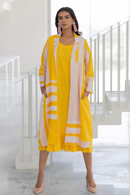 Silai Studio Yellow Linen, Viscose Embroidery Open Neck, Lemons And Candies Jacket & Dress Set