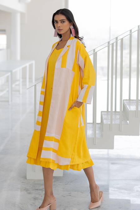 Shop Silai Studio Yellow Linen, Viscose Embroidery Open Neck, Lemons And Candies Jacket & Dress Set Online at Aza Fashions Shop_Silai Studio_Yellow Linen, Viscose Embroidery Open Neck, Lemons And Candies Jacket & Dress Set _Online_at_Aza_Fashions