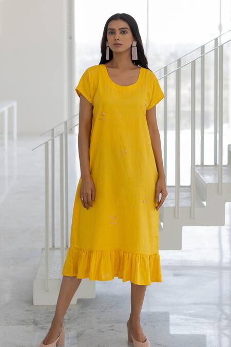 Silai Studio Yellow Linen, Viscose Embroidery Open Neck, Lemons And Candies Jacket & Dress Set at Aza Fashions Silai Studio_Yellow Linen, Viscose Embroidery Open Neck, Lemons And Candies Jacket & Dress Set _at_Aza_Fashions