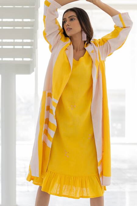 Buy Silai Studio Yellow Linen, Viscose Embroidery Open Neck, Lemons And Candies Jacket & Dress Set Buy_Silai Studio_Yellow Linen, Viscose Embroidery Open Neck, Lemons And Candies Jacket & Dress Set
