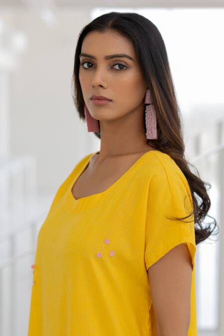 Shop Silai Studio Yellow Linen, Viscose Embroidery Open Neck, Lemons And Candies Jacket & Dress Set Shop_Silai Studio_Yellow Linen, Viscose Embroidery Open Neck, Lemons And Candies Jacket & Dress Set