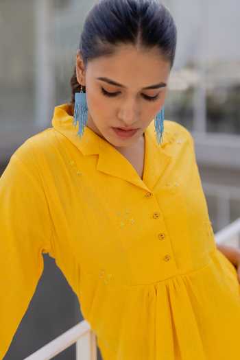 Buy Yellow Linen, Viscose Embroidery Collared Sunflower Tunic Set