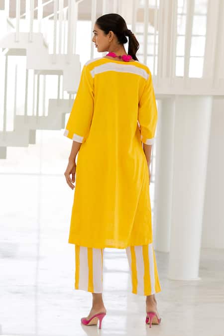 Shop Silai Studio Yellow Linen, Viscose V-neck Lemons And Candies Kurta Set at Aza Fashions Shop_Silai Studio_Yellow Linen, Viscose V-neck Lemons And Candies Kurta Set _at_Aza_Fashions
