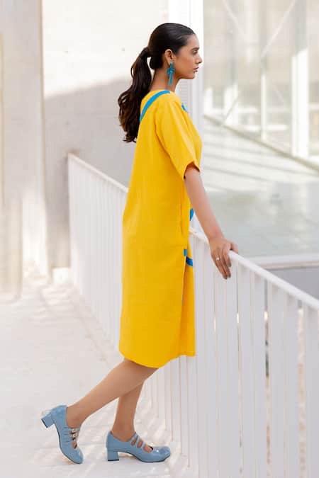 Shop Silai Studio Yellow Linen, Viscose V-neck Sunbeam Dress at Aza Fashions Shop_Silai Studio_Yellow Linen, Viscose V-neck Sunbeam Dress _at_Aza_Fashions