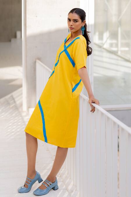 Buy Silai Studio Yellow Linen, Viscose V-neck Sunbeam Dress Online at Aza Fashions Buy_Silai Studio_Yellow Linen, Viscose V-neck Sunbeam Dress _Online_at_Aza_Fashions