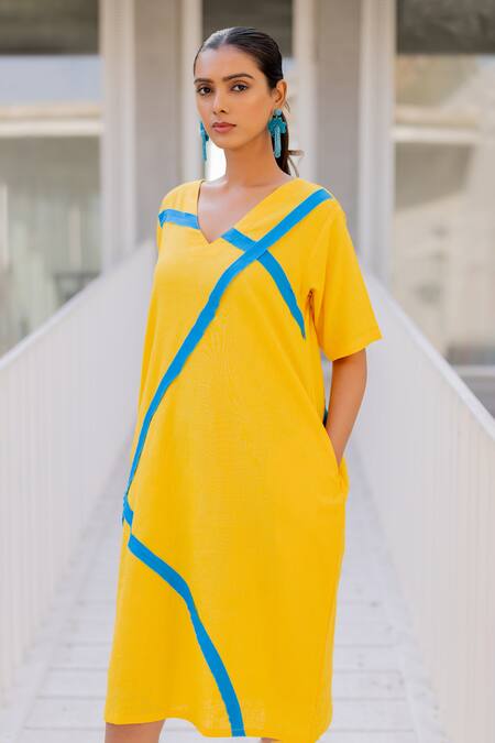 Shop Silai Studio Yellow Linen, Viscose V-neck Sunbeam Dress Online at Aza Fashions Shop_Silai Studio_Yellow Linen, Viscose V-neck Sunbeam Dress _Online_at_Aza_Fashions