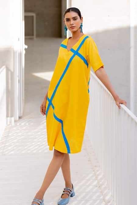 Silai Studio Yellow Linen, Viscose V-neck Sunbeam Dress at Aza Fashions Silai Studio_Yellow Linen, Viscose V-neck Sunbeam Dress _at_Aza_Fashions