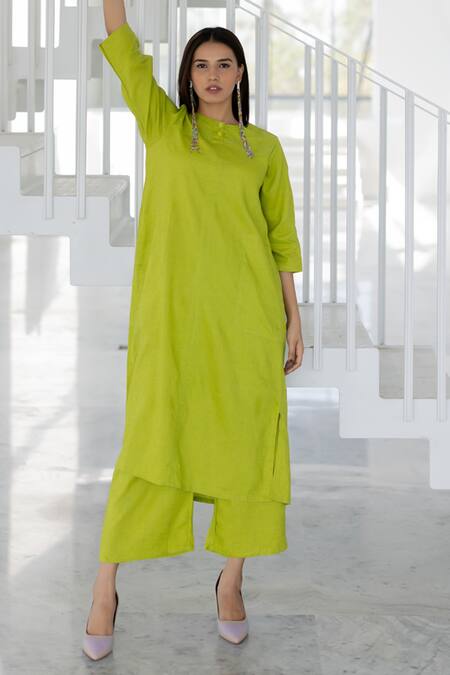 Buy Silai Studio Green Linen, Viscose Round Neck Avocado Kurta Set Online at Aza Fashions Buy_Silai Studio_Green Linen, Viscose Round Neck Avocado Kurta Set _Online_at_Aza_Fashions