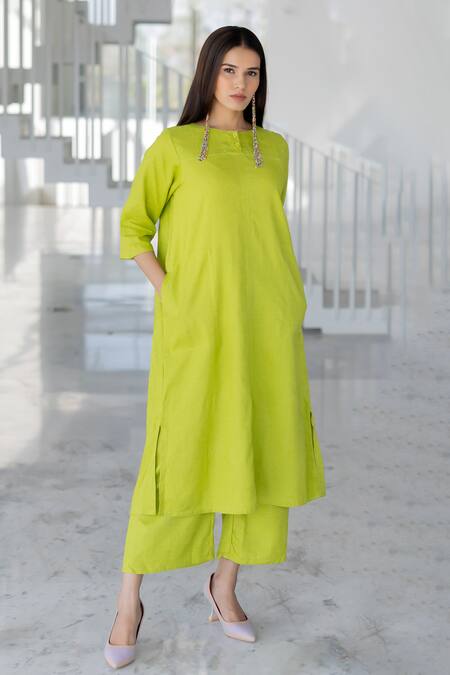 Silai Studio Green Linen, Viscose Round Neck Avocado Kurta at Aza Fashions Silai Studio_Green Linen, Viscose Round Neck Avocado Kurta _at_Aza_Fashions