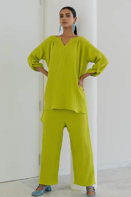 Silai Studio Green Cotton V-neck Matcha Co-ord Pant Set
