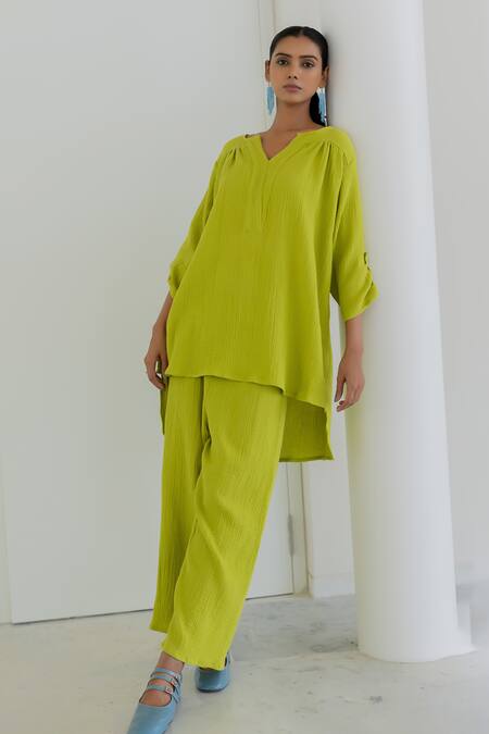 Buy Silai Studio Green Cotton V-neck Matcha Co-ord Pant Set Buy_Silai Studio_Green Cotton V-neck Matcha Co-ord Pant Set