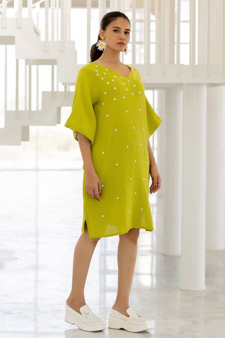 Silai Studio Green Cotton V-neck Matcha Designer Dress Online at Aza Fashions Silai Studio_Green Cotton V-neck Matcha Designer Dress _Online_at_Aza_Fashions