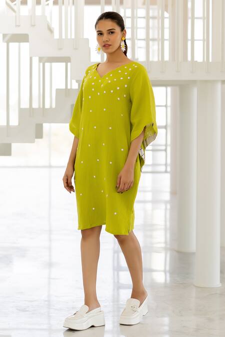 Shop Silai Studio Green Cotton V-neck Matcha Designer Dress Online at Aza Fashions Shop_Silai Studio_Green Cotton V-neck Matcha Designer Dress _Online_at_Aza_Fashions