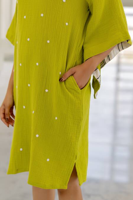 Shop Silai Studio Green Cotton V-neck Matcha Designer Dress Shop_Silai Studio_Green Cotton V-neck Matcha Designer Dress