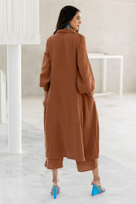 Shop Silai Studio Brown Cotton Embroidery Collared Pecan Tunic Co-ord Set at Aza Fashions Shop_Silai Studio_Brown Cotton Embroidery Collared Pecan Tunic Co-ord Set _at_Aza_Fashions