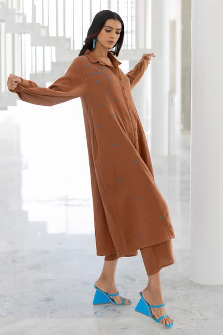 Shop Silai Studio Brown Cotton Embroidery Collared Pecan Tunic Co-ord Set Online at Aza Fashions Shop_Silai Studio_Brown Cotton Embroidery Collared Pecan Tunic Co-ord Set _Online_at_Aza_Fashions