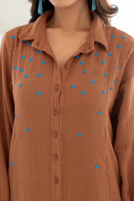 Buy Silai Studio Brown Cotton Embroidery Collared Pecan Tunic Co-ord Set Buy_Silai Studio_Brown Cotton Embroidery Collared Pecan Tunic Co-ord Set