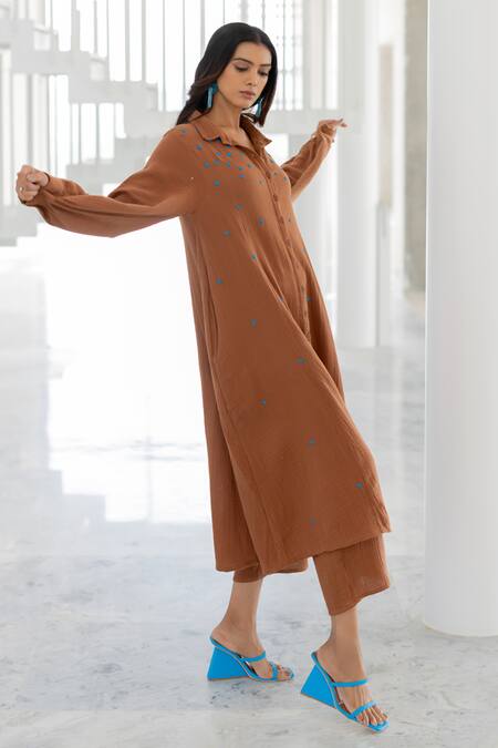 Shop Silai Studio Brown Cotton Embroidery Collared Pecan Tunic Online at Aza Fashions Shop_Silai Studio_Brown Cotton Embroidery Collared Pecan Tunic _Online_at_Aza_Fashions
