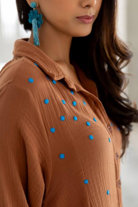 Silai Studio Brown Cotton Embroidery Collared Pecan Tunic at Aza Fashions Silai Studio_Brown Cotton Embroidery Collared Pecan Tunic _at_Aza_Fashions