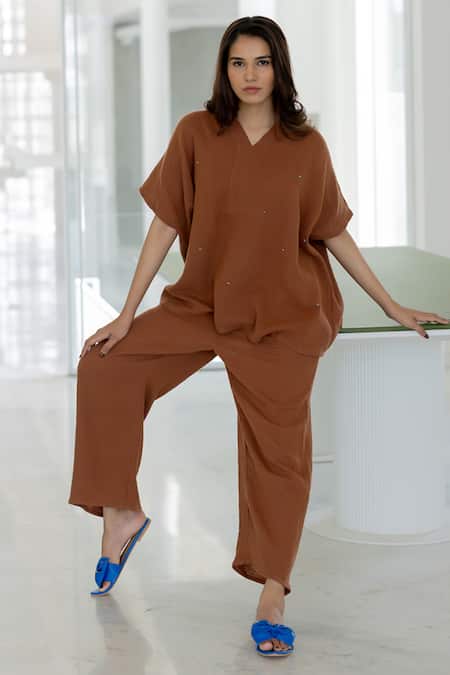 Silai Studio Brown Cotton V-neck Earthbound Co-ord Pant Set