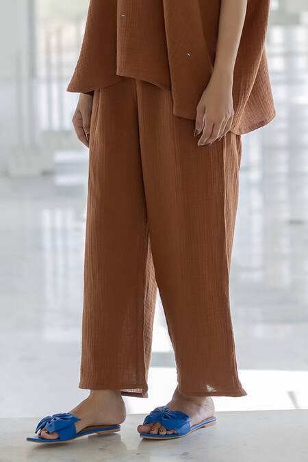Silai Studio Brown Cotton V-neck Earthbound Co-ord Pant Set at Aza Fashions Silai Studio_Brown Cotton V-neck Earthbound Co-ord Pant Set _at_Aza_Fashions