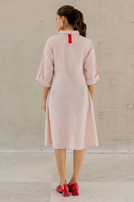 Shop Silai Studio Pink Linen, Viscose Collared Oyster Wave Dress at Aza Fashions Shop_Silai Studio_Pink Linen, Viscose Collared Oyster Wave Dress _at_Aza_Fashions