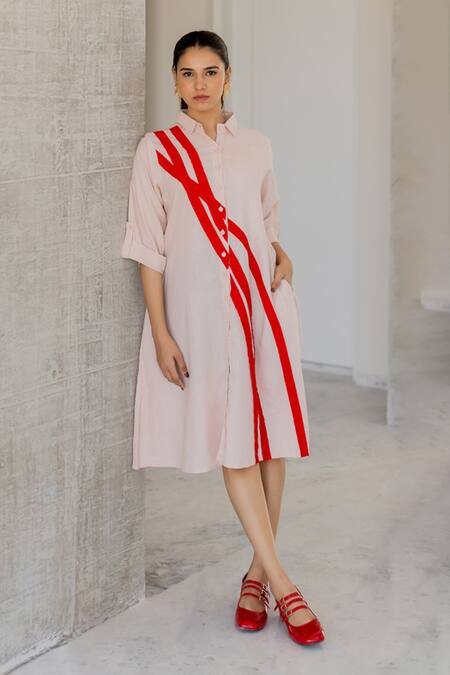 Shop Silai Studio Pink Linen, Viscose Collared Oyster Wave Dress Online at Aza Fashions Shop_Silai Studio_Pink Linen, Viscose Collared Oyster Wave Dress _Online_at_Aza_Fashions