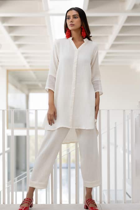 Silai Studio White Cotton Collared Vanilla Mist Co-ord Pant Set