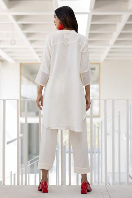 Shop Silai Studio White Cotton Collared Vanilla Mist Co-ord Pant Set at Aza Fashions Shop_Silai Studio_White Cotton Collared Vanilla Mist Co-ord Pant Set _at_Aza_Fashions
