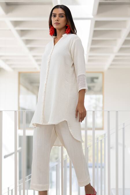 Shop Silai Studio White Cotton Collared Vanilla Mist Co-ord Pant Set Online at Aza Fashions Shop_Silai Studio_White Cotton Collared Vanilla Mist Co-ord Pant Set _Online_at_Aza_Fashions