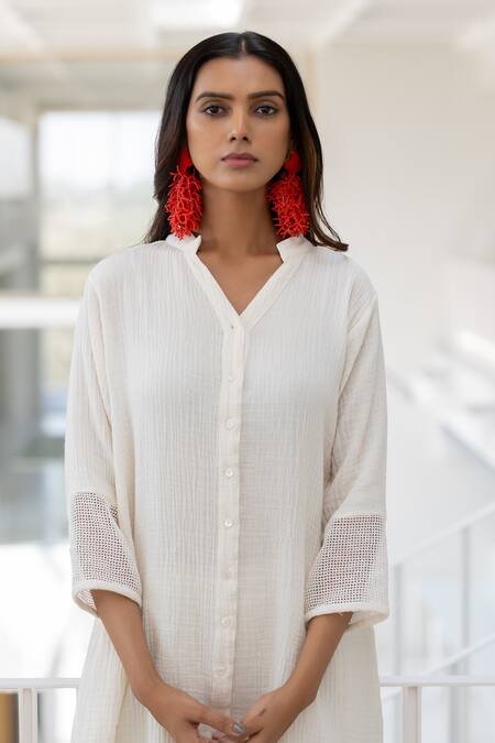 Shop Silai Studio White Cotton Collared Vanilla Mist Co-ord Pant Set Shop_Silai Studio_White Cotton Collared Vanilla Mist Co-ord Pant Set