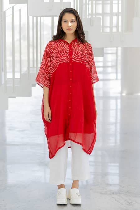 Silai Studio Red Chanderi, Linen Embroidery Collared Ruby Swirl Bandhani Tunic Set