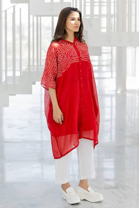 Silai Studio Red Chanderi Collared Ruby Swirl Bandhani Tunic