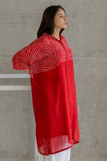 Silai Studio_Red Chanderi Collared Ruby Swirl Bandhani Tunic _Online_at_Aza_Fashions