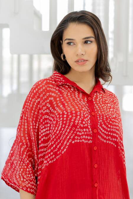 Shop_Silai Studio_Red Chanderi Collared Ruby Swirl Bandhani Tunic _Online_at_Aza_Fashions