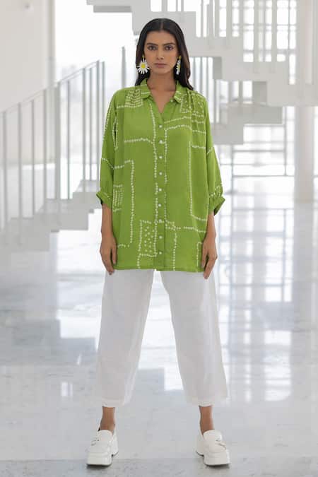Silai Studio Green Viscose, Silk, Linen Collared Terra Shirt Co-ord Pant Set