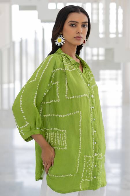 Shop_Silai Studio_Green Viscose, Silk, Linen Collared Terra Shirt Co-ord Pant Set _Online_at_Aza_Fashions