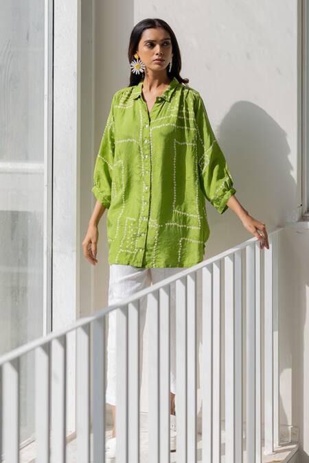 Silai Studio_Green Viscose, Silk Collared Terra Bandhej Shirt _Online_at_Aza_Fashions