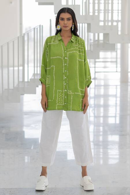 Buy_Silai Studio_Green Viscose, Silk Collared Terra Bandhej Shirt _Online_at_Aza_Fashions