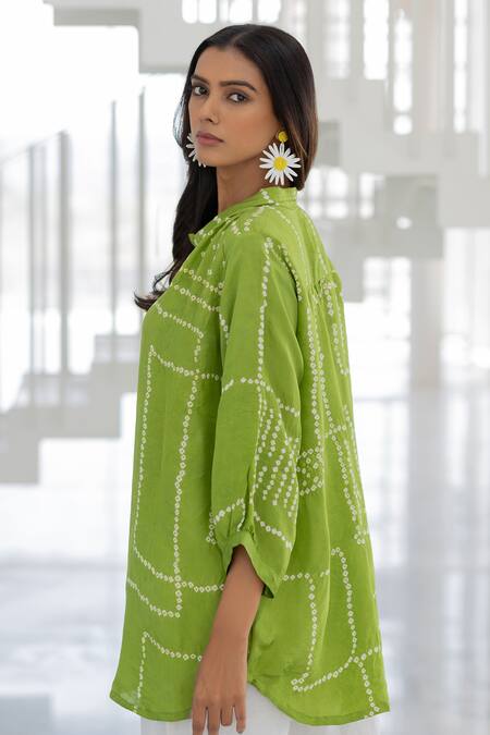 Silai Studio_Green Viscose, Silk Collared Terra Bandhej Shirt _at_Aza_Fashions