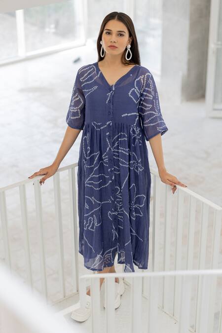 Silai Studio Blue Chanderi Round Neck Wildflower Bandhej Dress Online at Aza Fashions Silai Studio_Blue Chanderi Round Neck Wildflower Bandhej Dress _Online_at_Aza_Fashions
