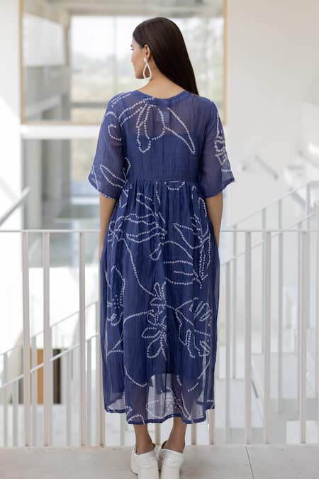 Silai Studio Blue Wildflower Bandhej Dress 