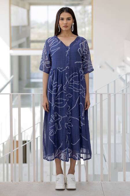 Buy Silai Studio Blue Chanderi Round Neck Wildflower Bandhej Dress Online at Aza Fashions Buy_Silai Studio_Blue Chanderi Round Neck Wildflower Bandhej Dress _Online_at_Aza_Fashions